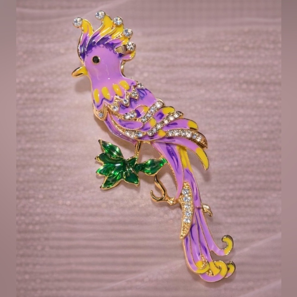 Bird Long Tail Brooch Crystals